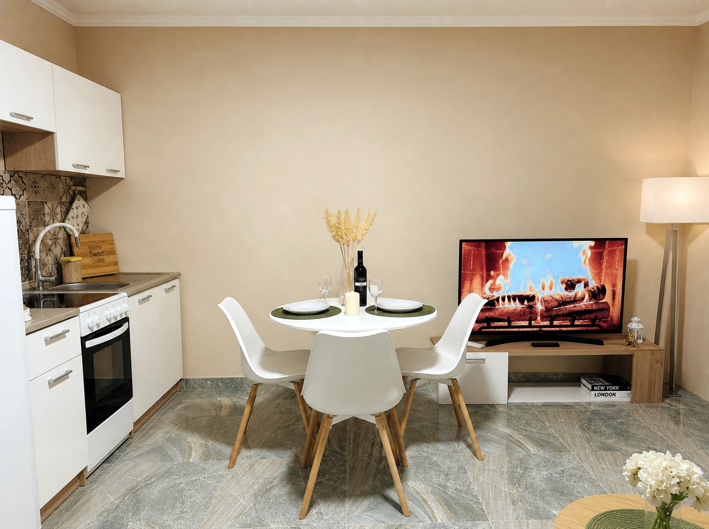 Open kitchen and living area at a central Becej apartment